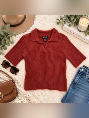 Bailey 44 Fuzzy Ribbed Polo Sweater Rust Burgundy Short Sleeve Size L